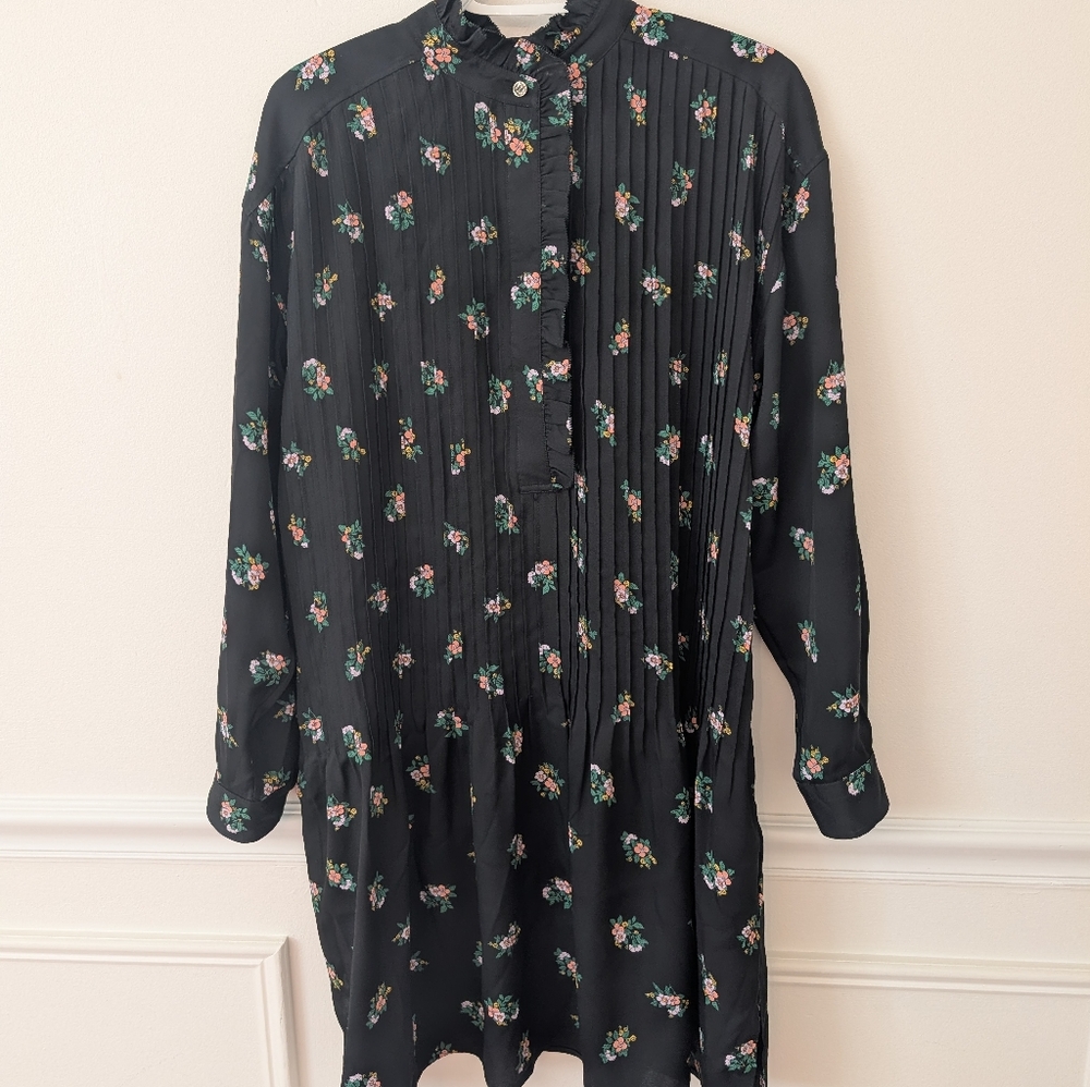 Tory Burch size 8 Cora pleated shirt dress short black floral long sleeve belted